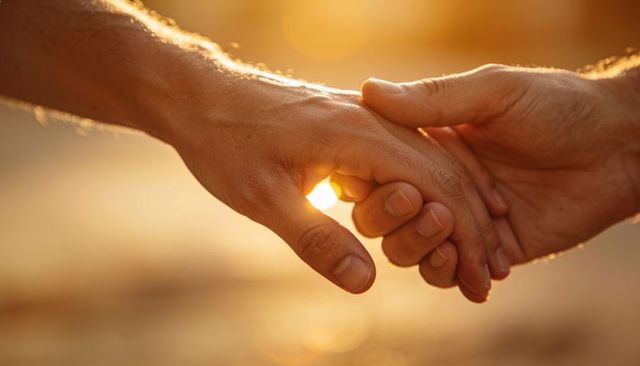 Holding hands at golden hour with warm sunflare, intimate connection, beach bokeh, serenity