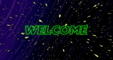Neon Welcome Text with Dynamic Light Trails Background