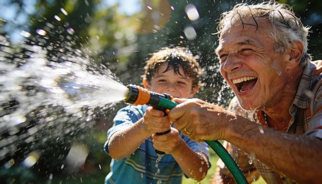 Grandfather and grandson laughing while spraying garden hose in sunny backyard
