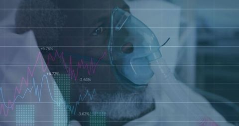 Mature patient receiving oxygen mask with data overlays monitoring respiratory analytics