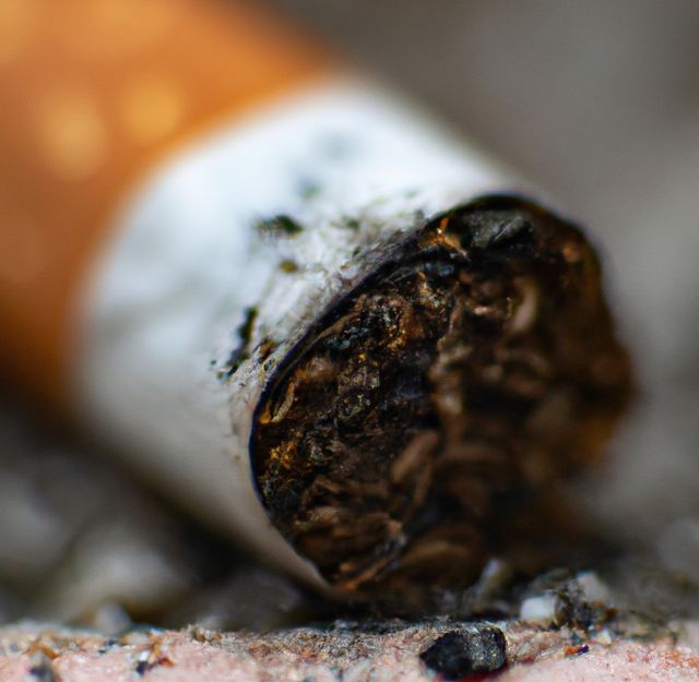 Macro photo showing a burned cigarette butt lying on the ground. Demonstrates pollution and environmental issues caused by discarded cigarettes. Suitable for use in articles or campaigns about smoking hazards, environmental impact of littering, and public health education.
