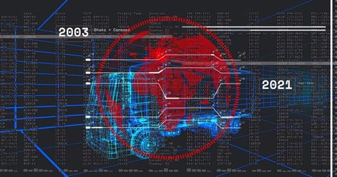Global cyber data dashboard 2003-2021 featuring red globe, blue wireframe vehicle and neon network