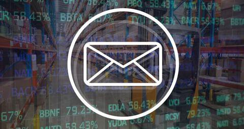 Digital communication in logistics warehouse with financial metrics overlay