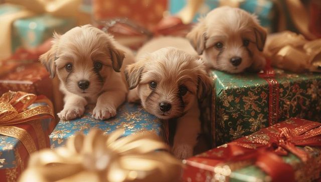 Cute Puppies Amongst Gift Boxes with Christmas Decor