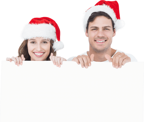Smiling Couple Wearing Santa Hats Holding Blank Banner Transparent Background