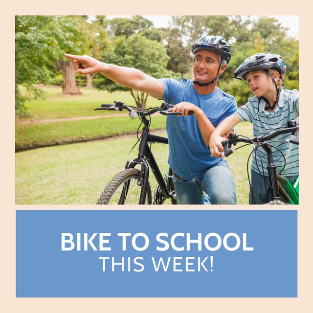 Composite of caucasian father and son with bicycle in park and bike to school this week text. Family, together, childhood, gesture, education, healthcare, fitness and active lifestyle concept.