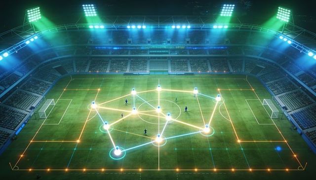 Ar soccer tactics visualizing connected player network on illuminated stadium pitch