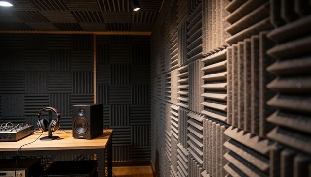 Acoustic foam panel studio corner with monitor speaker, headphones and mixing console