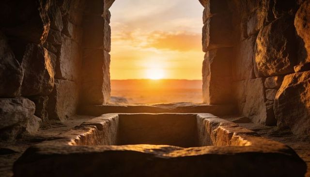Carved stone basin framing glowing sunset through ancient chamber window at golden hour