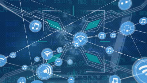 Digital Network and Music Icons with Global Data Overlay