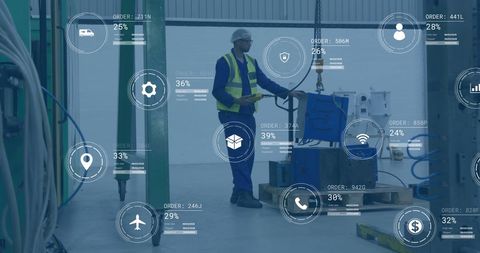 warehouse worker interacting with digital interface icons - Download Free Stock Images Pikwizard.com