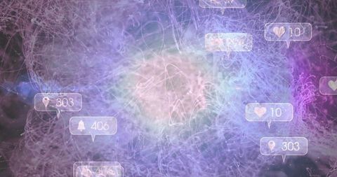 Swirling data network with social media icons in vibrant space