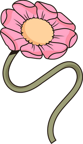 Whimsical cartoon flower with pink petals on transparent background