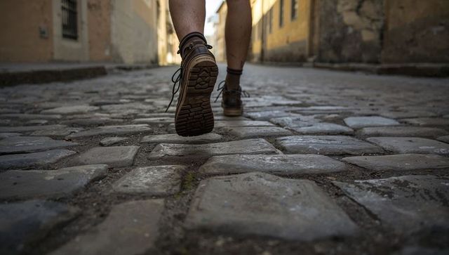 Low-angle hiking boots walking on sunlit weathered cobblestone alley
