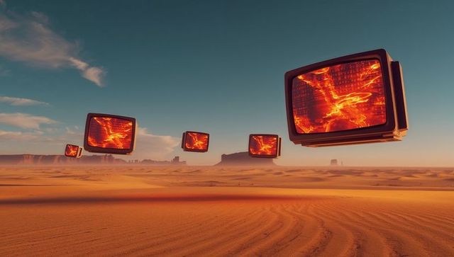 Floating retro crt televisions displaying fiery fractal screens over desert dunes