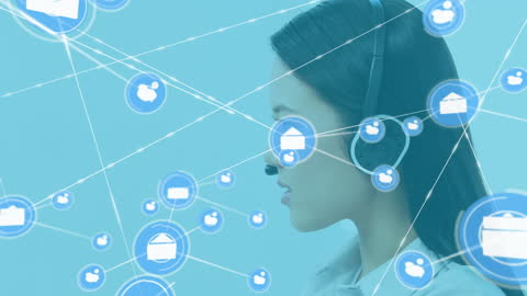Asian Businesswoman Using Headset with Digital Network Icons