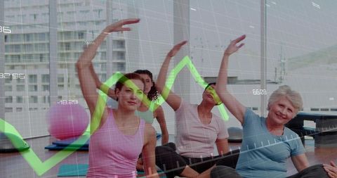 Women stretching in urban multigenerational fitness class with green financial chart overlay