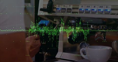 Barista Operating Espresso Machine with Digital Waveform Overlay