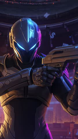 Armored Sentinel Raising Rifle and Scanning Neon Cityscape Vertical Cyberpunk Action Video