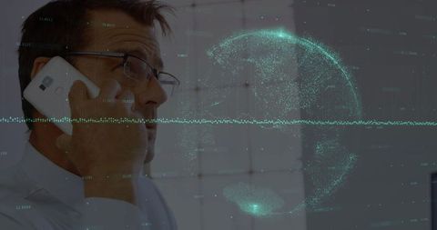 Business Professional Discussing Global Communications with Futuristic Overlay