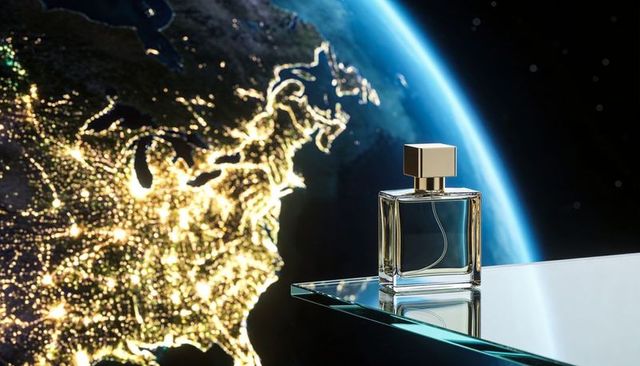 Luxury glass perfume bottle with gold cap reflecting earth night lights and space