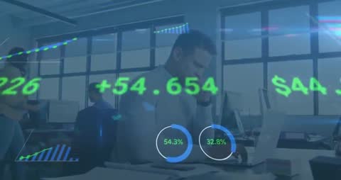 Professional Analyzing Data with Financial Charts Overlay in Modern Office