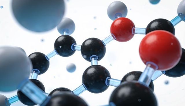 Molecular chain forming with glossy black, red and gray atoms and translucent blue bonds