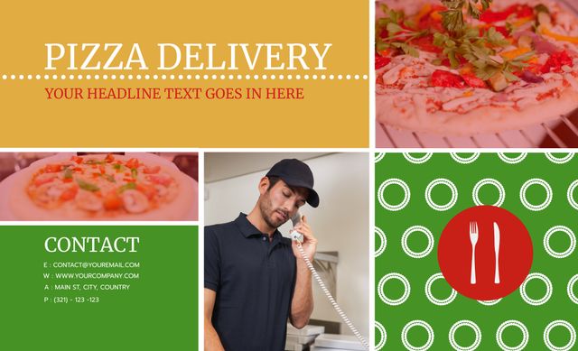 This modern pizza delivery service promotional flyer template features a bright and attractive design with images of delicious pizzas and a chef taking customer orders. Perfect for advertising new pizza delivery services, special offers, or menu highlights. It is suitable for use by restaurants aiming to boost their takeout sales, especially those offering Italian cuisine. The design is easy to customize with your own contact information, making it an excellent marketing tool for pizza businesses to attract customers.