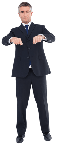 Transparent businessman holding invisible object full length