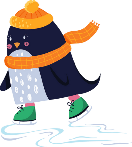 Cartoon Penguin Ice Skating with Bright Winterwear
