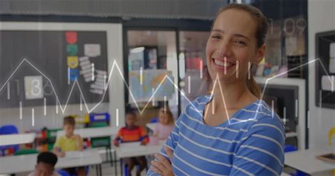 Smiling teacher enthusiastically overseeing engaged primary class