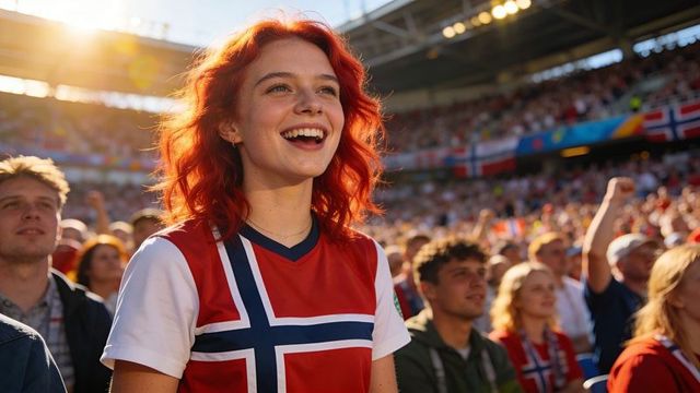 Joyful red-haired fan wearing norwegian flag jersey cheering in sunlit golden-hour stadium crowd