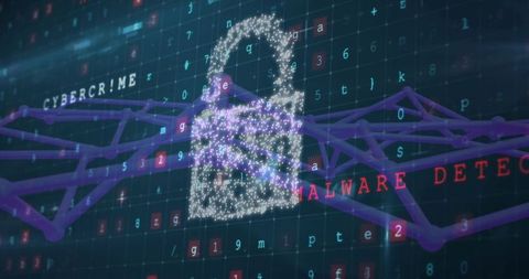 Futuristic Holographic Padlock Securing Data with Malware Detection and Threat Analytics
