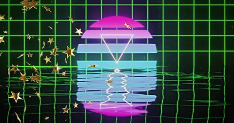 Neon vaporwave sun mirroring on rippled water over green grid with gold stars, retro futurism