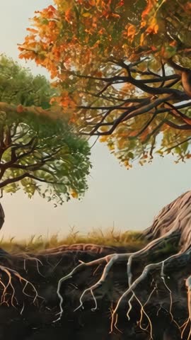 Vertical video panning two trees shifting green to orange revealing roots on grassland