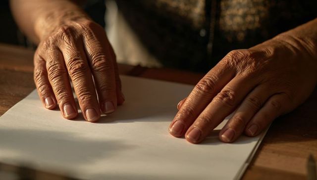 Senior hands resting on blank paper on wooden table closeup showing wrinkles and veins