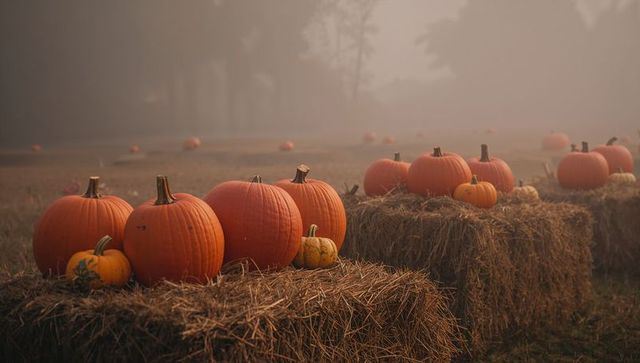 Rustic Autumn Scene with Pumpkins and Fog on Farm