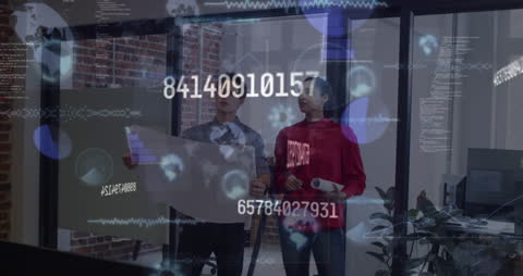 Diverse Colleagues Analyzing Digital Data Overlay Office