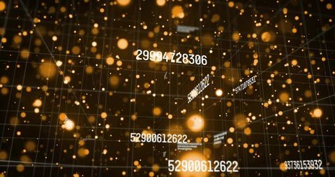 Pulsing golden data cube with floating numeric labels and glowing particle network