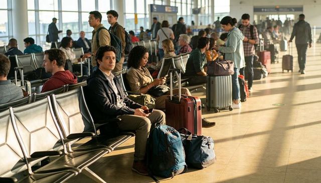 Man waiting at airport gate holding phone with red suitcase and backpacks in sunlight