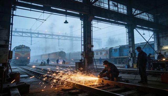 Railworker cutting tracks with grinder, sparks flying in foggy locomotive depot