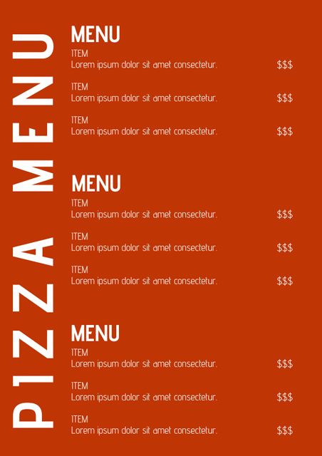 This versatile, vibrant red pizza menu template is suitable for various types of eateries, from modern pizza places to casual dining restaurants. It features a clean and stylish design, making it easy to adapt and use for different cuisines and dining experiences. Perfect for creating digital or printed menus.