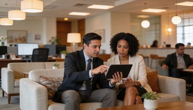 Business professionals collaborating on tablet in contemporary open-plan office lounge