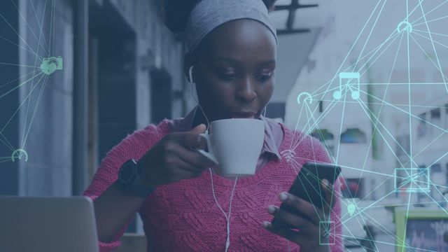 Woman using smartphone while interacting with digital network interface overlay in outdoor urban environment. Ideal for illustrating concepts of modern business communication, digital technologies, and connectivity in advertisements, corporate presentations, or marketing materials emphasizing IT infrastructure and business tech solutions.