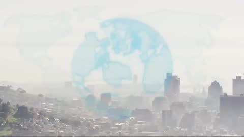 Futuristic Urban Skyline with Translucent Digital Globe Interface