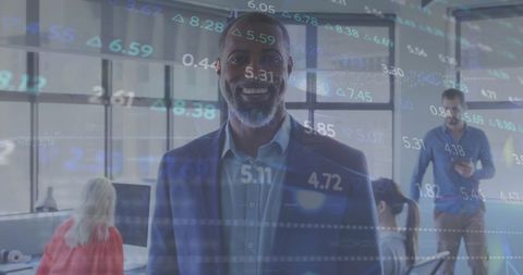 Businessman with Digital Financial Data Overlay in Modern Office