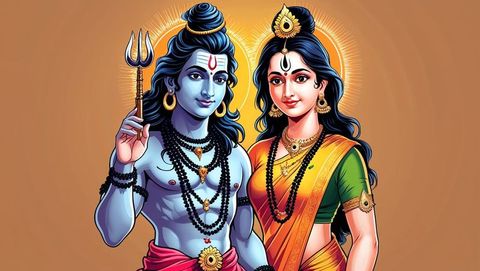 Divine Shiva and Parvati with Trident and Traditional Attire