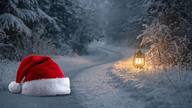Red Santa Hat Resting on Snowy Forest Path with Lantern Glowing at Dusk