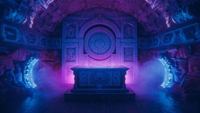 Mystical ancient temple chamber with glowing portals