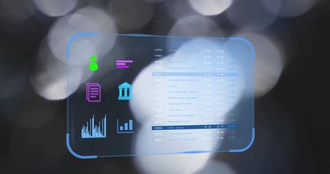 Futuristic holographic finance interface showing charts, icons and data table overlay